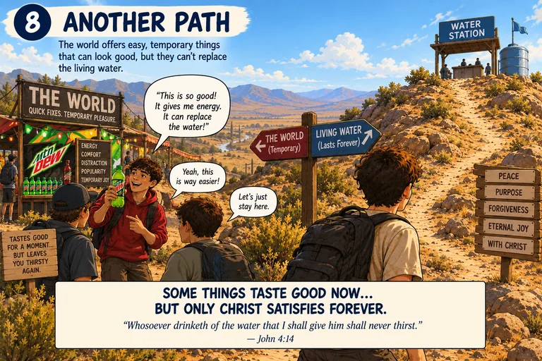 Panel eight, another path. A bright stall at the bottom of the trail under a
         banner reading THE WORLD — quick fixes, temporary pleasure — with a board listing
         energy, comfort, distraction, popularity, temporary joy. A boy holds up a soft drink:
         this is so good, it gives me energy, it can replace the water! Others answer: yeah,
         this is way easier; let's just stay here. A small sign beside them reads: tastes good
         for a moment, but leaves you thirsty again. Between them and the hill a signpost
         points two ways — THE WORLD, temporary, one way; LIVING WATER, lasts forever, the
         other. One hiker has turned toward the hill, where signs along the trail read peace,
         purpose, forgiveness, eternal joy, with Christ, and the water station stands at the
         top. Beneath: some things taste good now, but only Christ satisfies forever.
         Whosoever drinketh of the water that I shall give him shall never thirst — John 4:14.