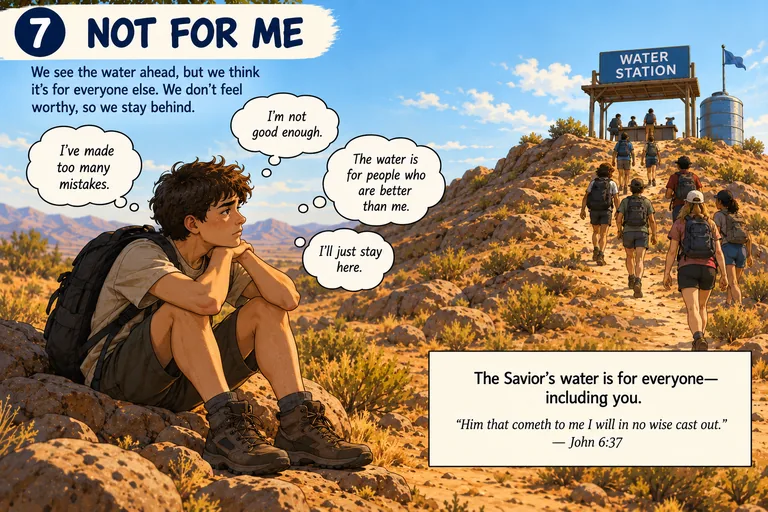 Panel seven, not for me. A boy sits on a rock partway up the trail with his
         boots on and his pack still on his back, watching a line of other hikers walk past
         him up to the water station. His thoughts: I've made too many mistakes. I'm not good
         enough. The water is for people who are better than me. I'll just stay here. Beneath:
         the Savior's water is for everyone &mdash; including you. Him that cometh to me I
         will in no wise cast out &mdash; John 6:37.