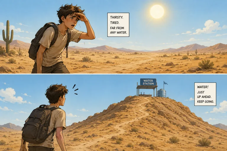A hiker in a hot desert, hand shading his eyes, sweating and exhausted. Thirsty.
         Tired. Far from any water. Then he sees it: a water station on top of a steep hill
         ahead. Water — just up ahead. Keep going.