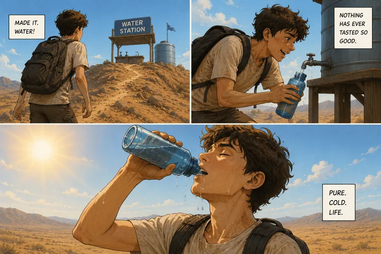The hiker reaches the top of the hill — made it, water! — fills his bottle at
         the tap of the water tank, and drinks with his eyes closed and water running down
         his face. Nothing has ever tasted so good. Pure. Cold. Life.