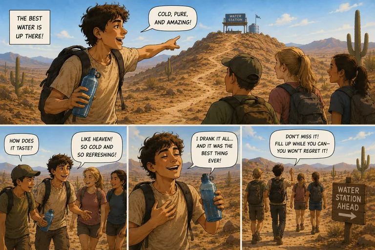 The hiker, bottle in hand, turns to three other hikers on the trail and points
         back up at the water station. The best water is up there — cold, pure, and amazing.
         They ask how it tastes; he says like heaven, so cold and so refreshing. He tells
         them he drank it all and it was the best thing ever, then walks the trail with them
         past a sign reading Water Station Ahead, calling back: don't miss it, fill up while
         you can — you won't regret it.