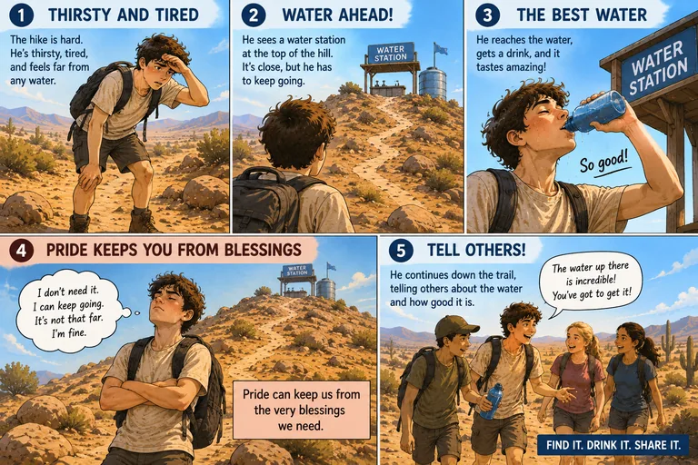 The whole parable in five panels. One, thirsty and tired: the hike is hard,
         he is thirsty and feels far from any water. Two, water ahead: he sees a water
         station at the top of the hill, it is close but he has to keep going. Three, the
         best water: he reaches it, drinks, and it tastes amazing. Four, pride keeps you
         from blessings: he stands with his arms folded looking away from the hill
         thinking I don't need it, I can keep going, it's not that far, I'm fine &mdash;
         pride can keep us from the very blessings we need. Five, tell others: he walks on
         down the trail telling three other hikers the water up there is incredible, you've
         got to get it. Find it. Drink it. Share it.