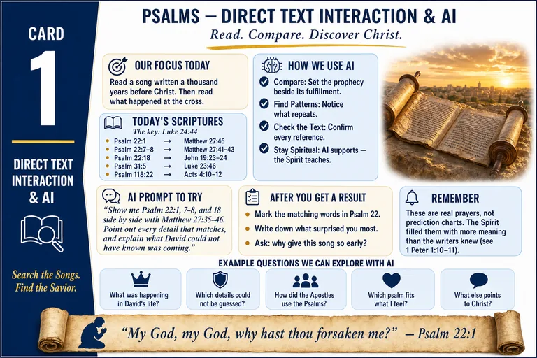 Card 1: DIRECT TEXT INTERACTION & AI — Read. Compare. Discover Christ.