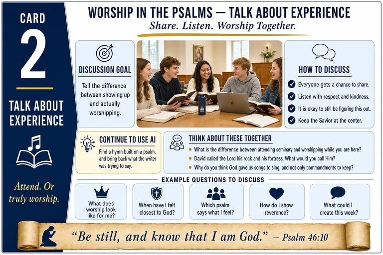 Card 2: TALK ABOUT EXPERIENCE — Share. Listen. Worship Together.