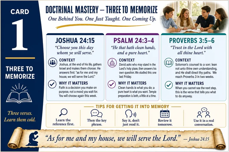 Card 1: THREE TO MEMORIZE — One Behind You. One Just Taught. One Coming Up.