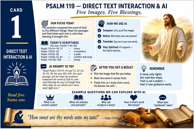 Card 1: DIRECT TEXT INTERACTION & AI — Five Images. Five Blessings.