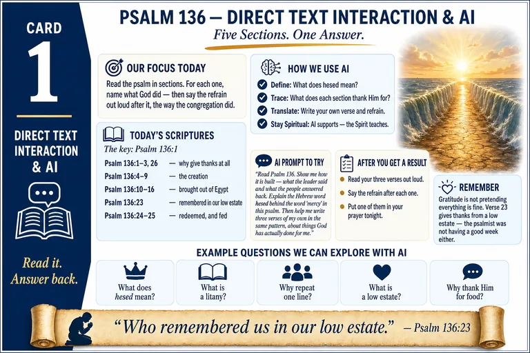 Card 1: DIRECT TEXT INTERACTION & AI — Five Sections. One Answer.