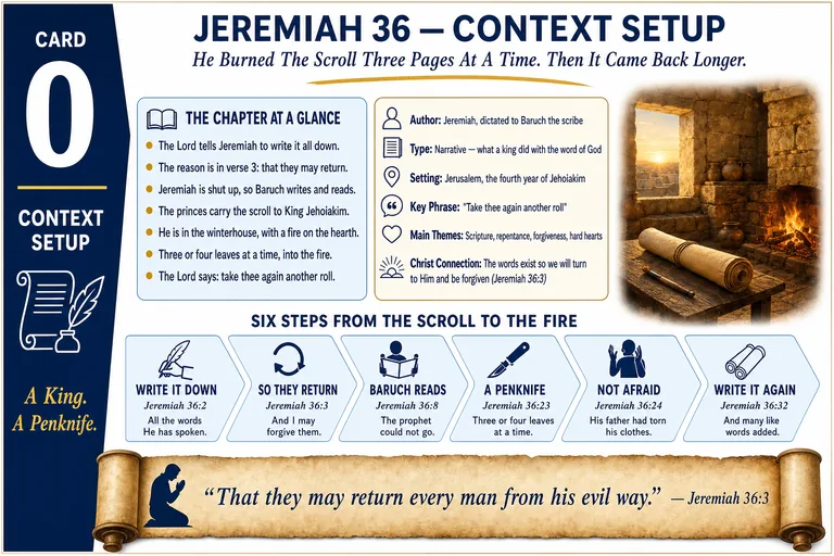 Card 0: CONTEXT SETUP — He Burned The Scroll Three Pages At A Time. Then It Came Back Longer.