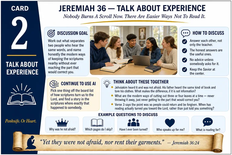 Card 2: TALK ABOUT EXPERIENCE — Nobody Burns A Scroll Now. There Are Easier Ways Not To Read It.